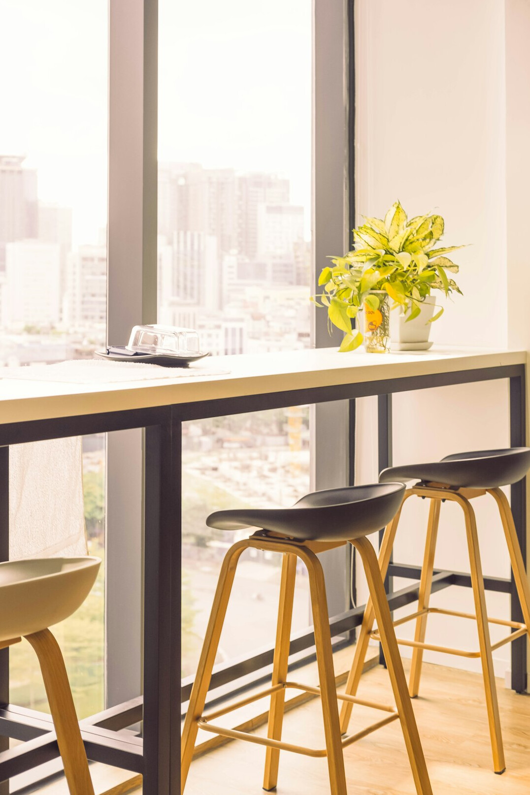 Bright modern office with desks and large windows