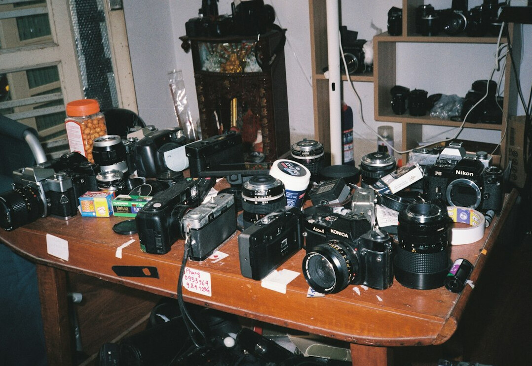 Television studio with broadcast cameras and lighting rig